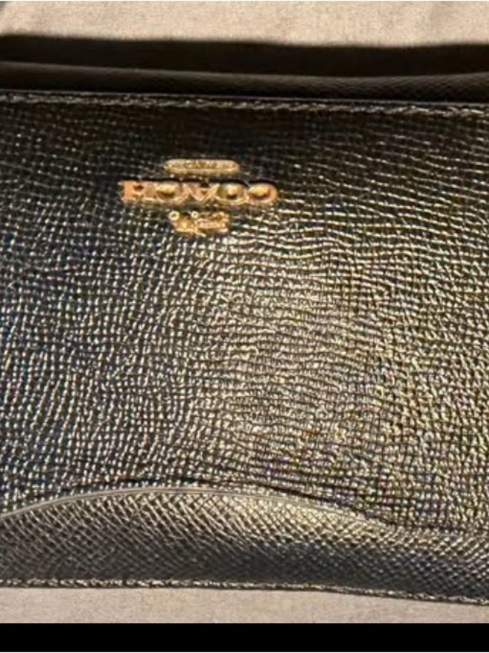 Coach Black Pebbled Leather Card Holder with Gold Logo Accent
